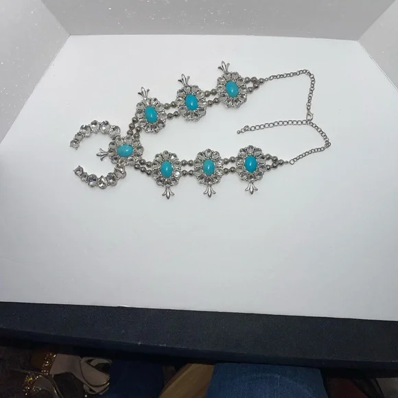 Silver tone squash blossom necklace with rhinestones & faux turquoise - Picture 8 of 13